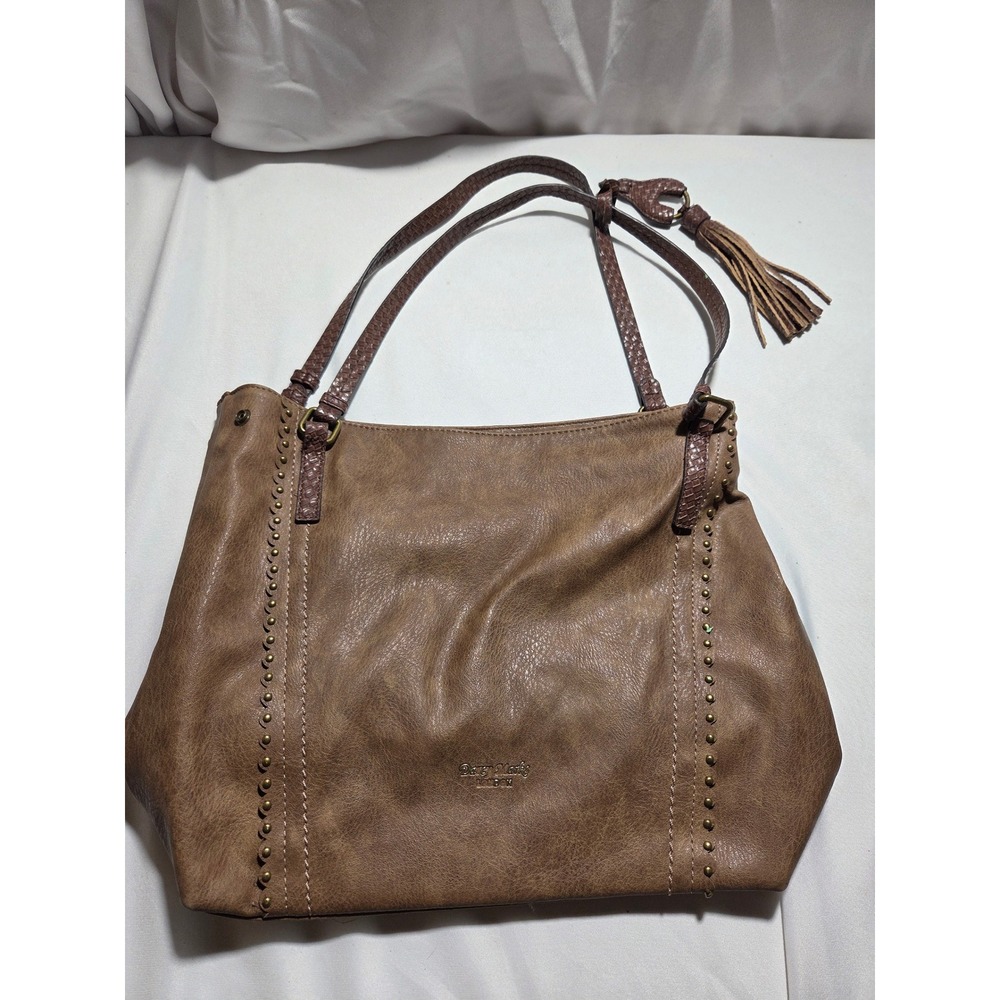 Darcy Marks London Tan Faux Leather Studded Tote Bag with Tassel & Woven Straps